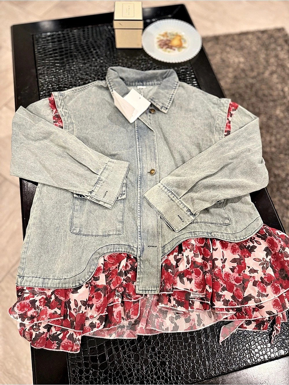 Floral Denim Jacket with Ruffle Hem NWT